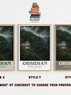 Obsidian book cover print in frame leaning in hallway – young adult wall art