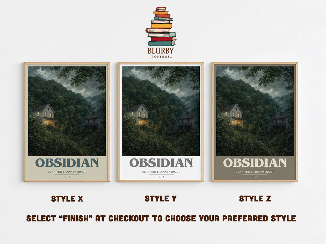 Obsidian book cover print in frame leaning in hallway – young adult wall art (mockup)
