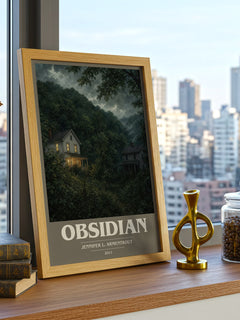 Obsidian book cover print framed by window – literary home decor