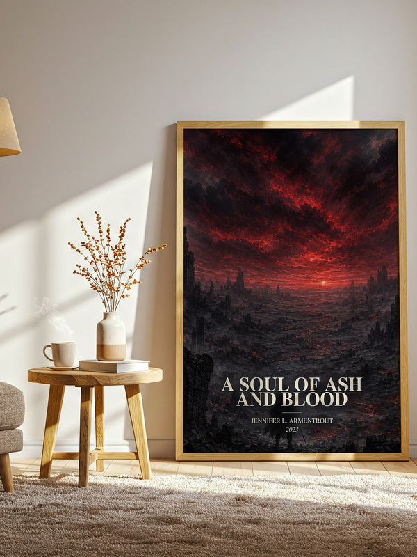 A Soul of Ash and Blood watercolour print in frame leaning in hallway – fantasy wall art
