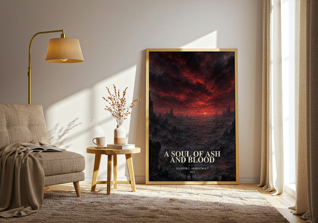 A Soul of Ash and Blood watercolour print in frame leaning in hallway – fantasy wall art (mockup)