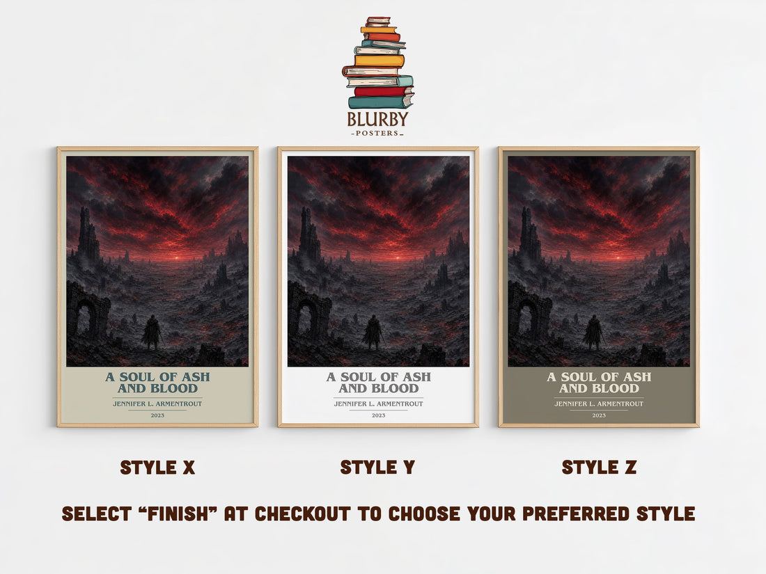 A Soul of Ash and Blood book cover print in frame leaning in hallway – fantasy wall art (mockup)