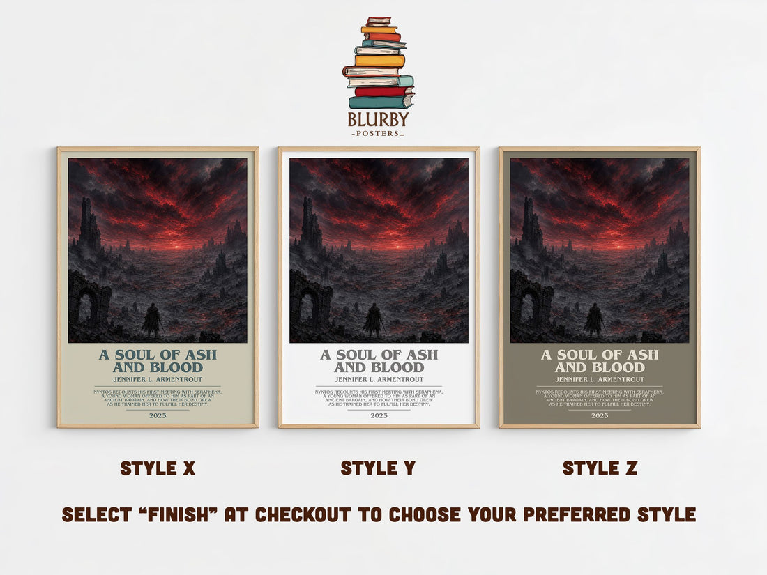 A Soul of Ash and Blood bookish print in frame leaning in hallway – fantasy wall art (mockup)