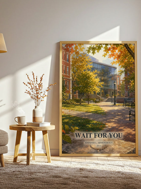 Wait for You watercolour print in frame leaning in hallway – romance wall art