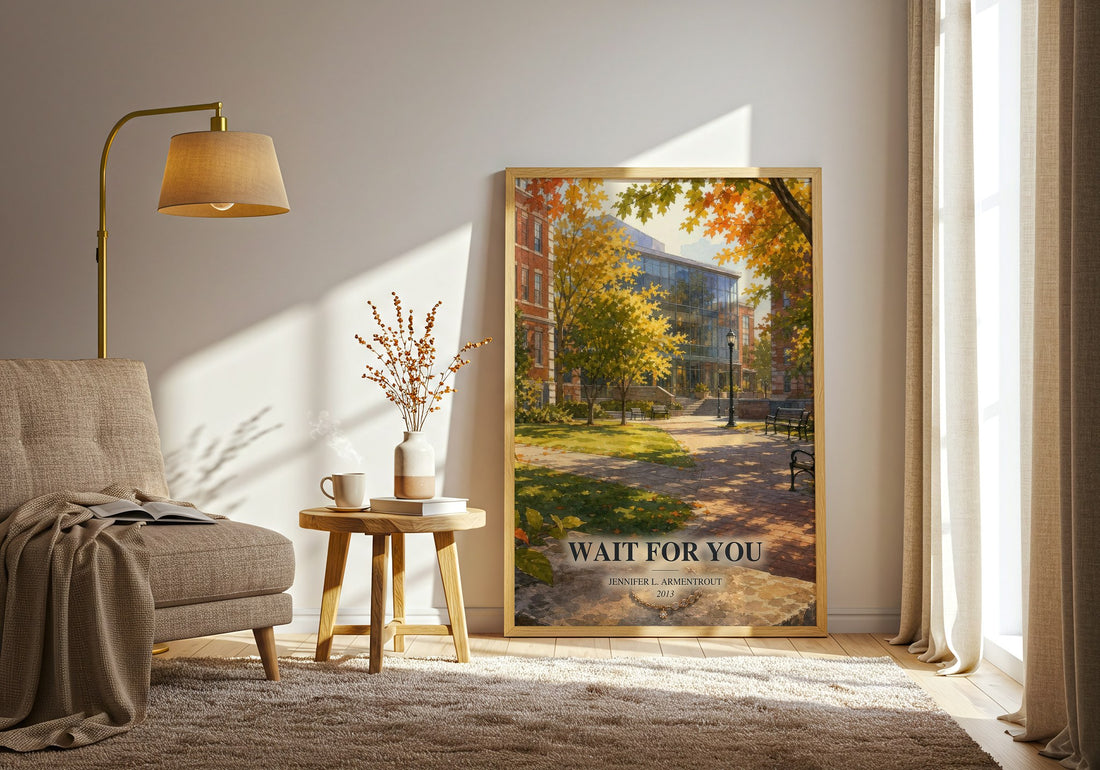 Wait for You watercolour print in frame leaning in hallway – romance wall art (mockup)