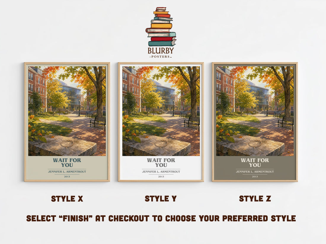 Wait for You book cover print in frame leaning in hallway – romance wall art (mockup)