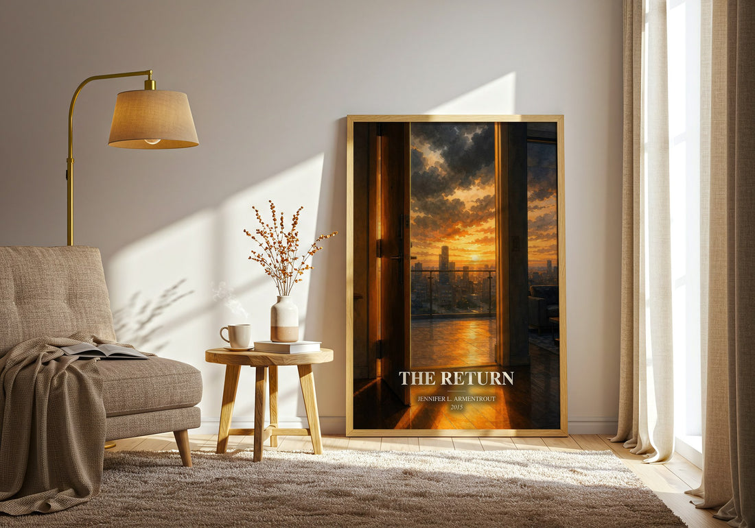 The Return watercolour print in frame leaning in hallway – fantasy wall art (mockup)