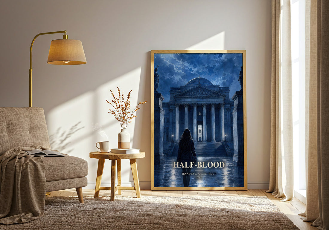 Half-Blood watercolour print in frame leaning in hallway – young adult wall art (mockup)