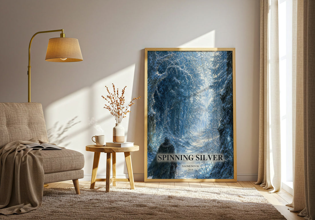 Spinning Silver watercolour print in frame leaning in hallway – fantasy wall art (mockup)