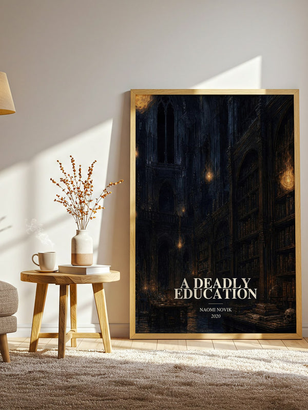 A Deadly Education watercolour print in frame leaning in hallway – fantasy wall art