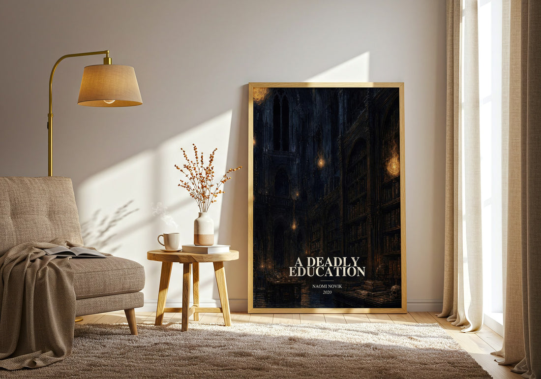 A Deadly Education watercolour print in frame leaning in hallway – fantasy wall art (mockup)
