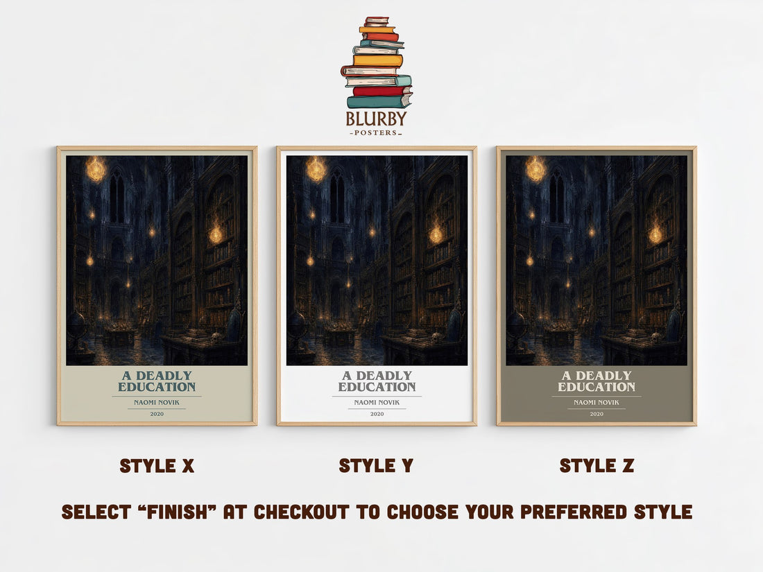 A Deadly Education book cover print in frame leaning in hallway – fantasy wall art (mockup)