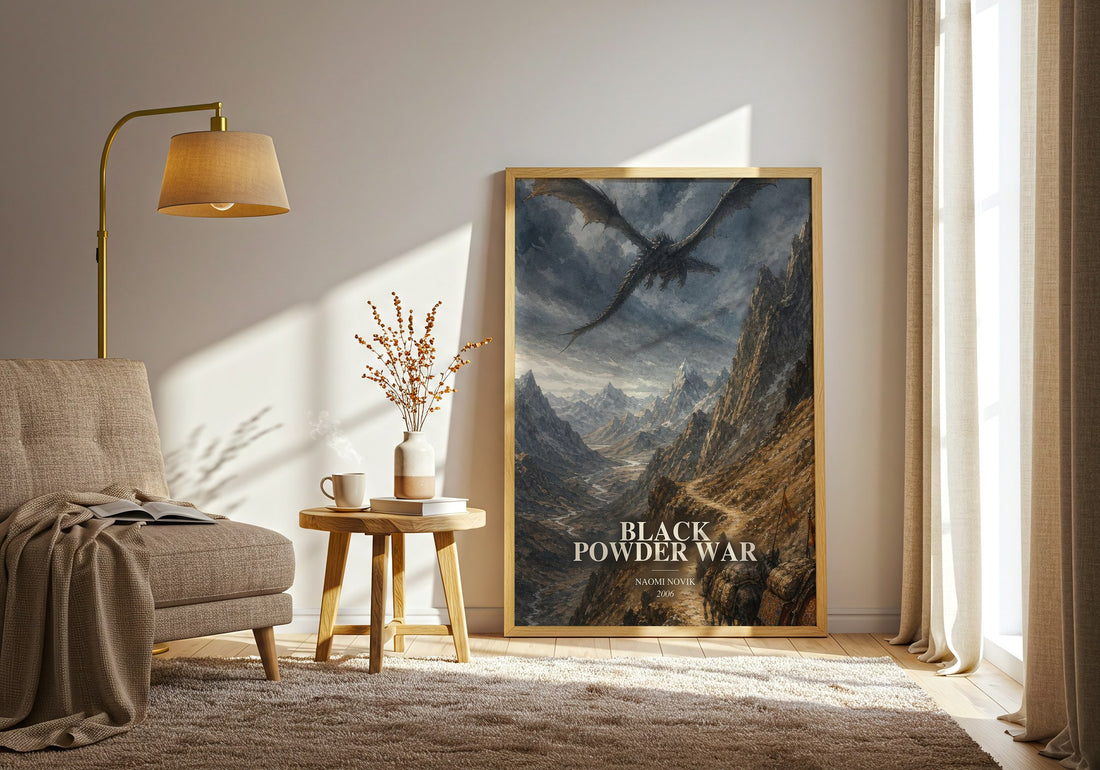 Black Powder War watercolour print in frame leaning in hallway – fantasy wall art (mockup)