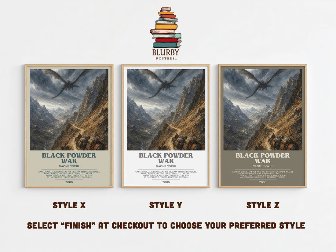 Black Powder War bookish print in frame leaning in hallway – fantasy wall art (mockup)