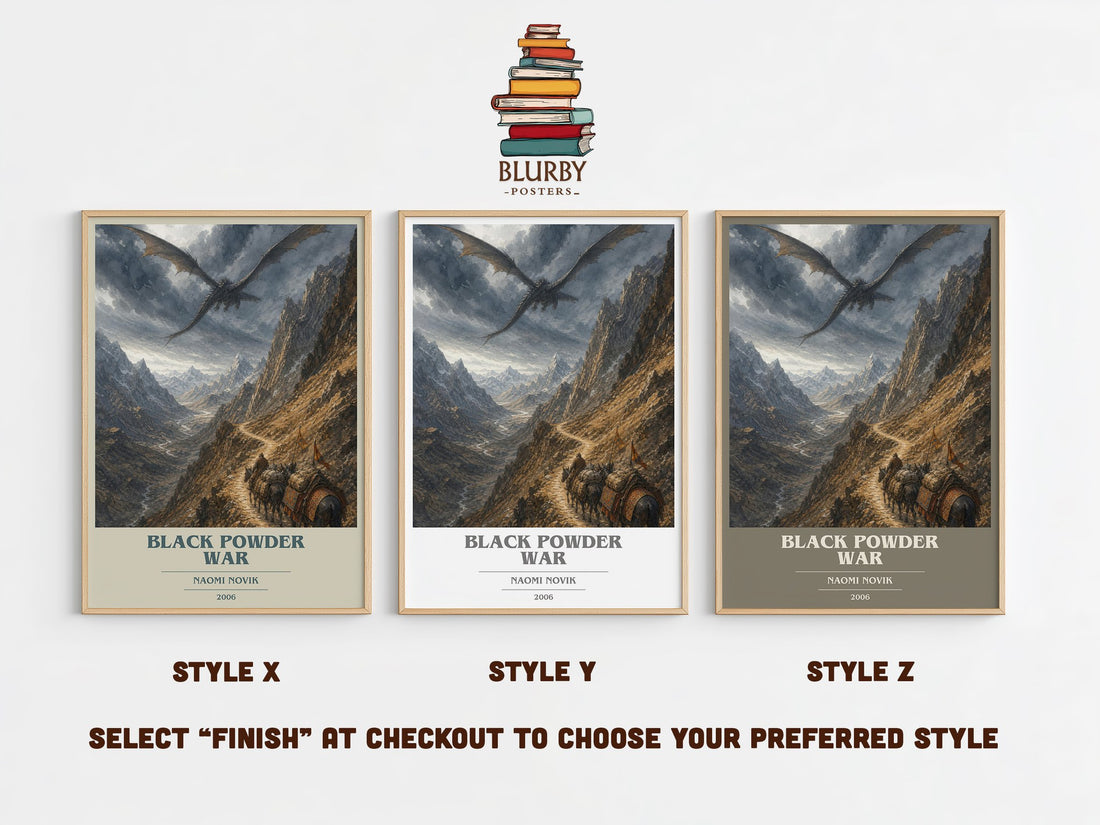 Black Powder War book cover print in frame leaning in hallway – fantasy wall art (mockup)