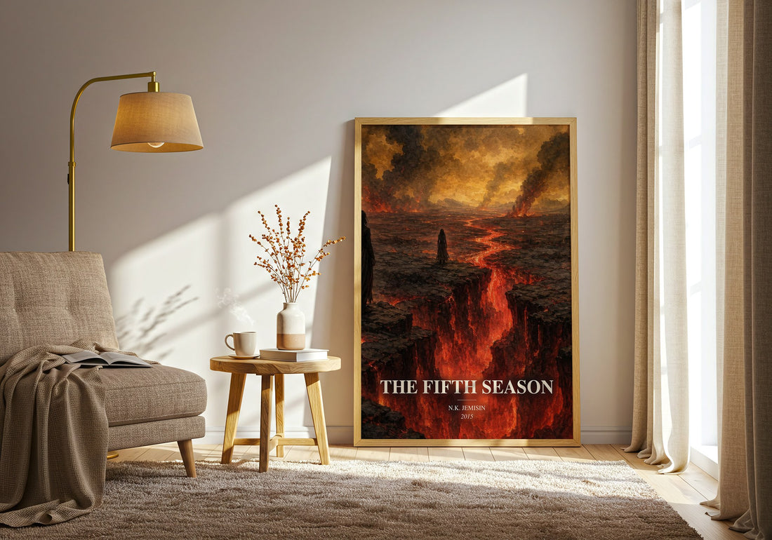The Fifth Season watercolour print in frame leaning in hallway – sci fi wall art (mockup)