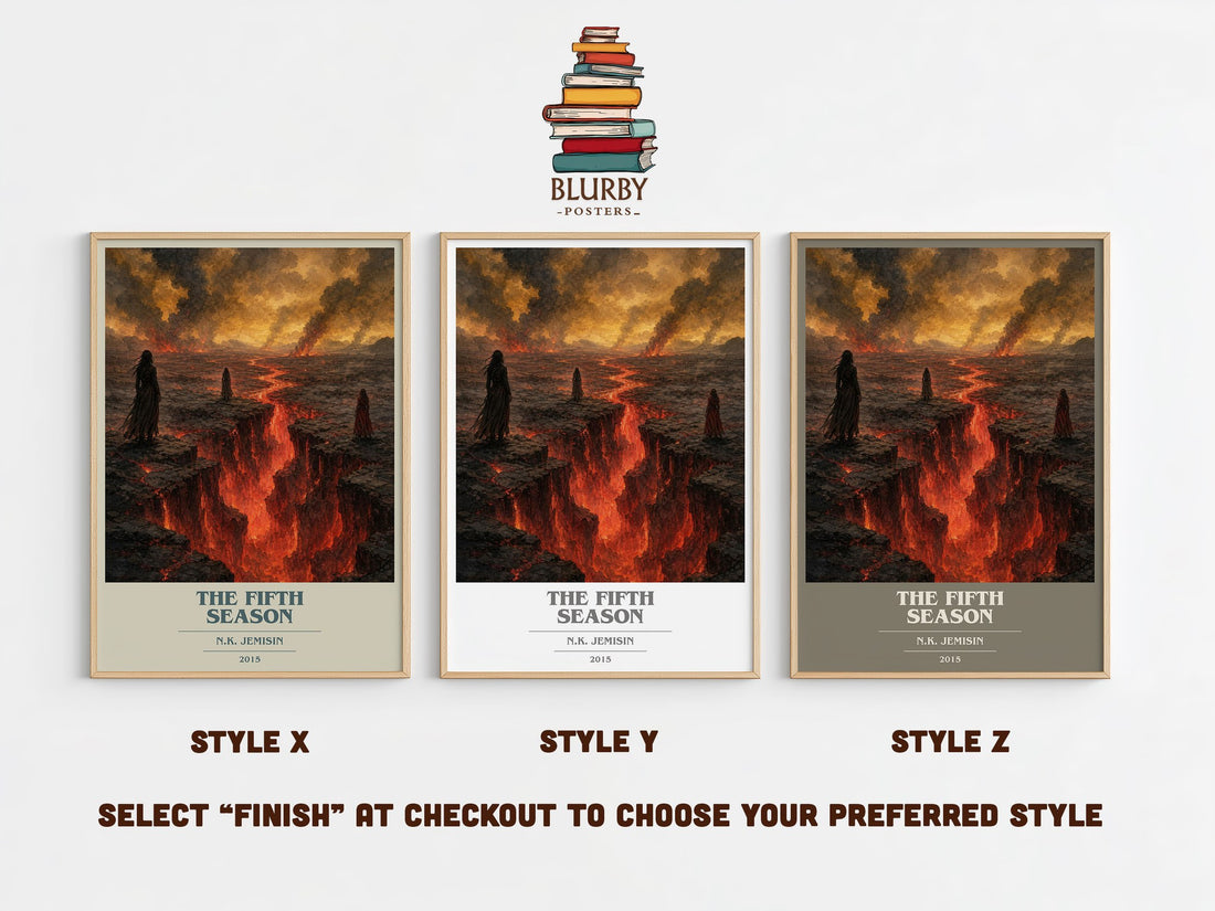 The Fifth Season book cover print in frame leaning in hallway – sci fi wall art (mockup)