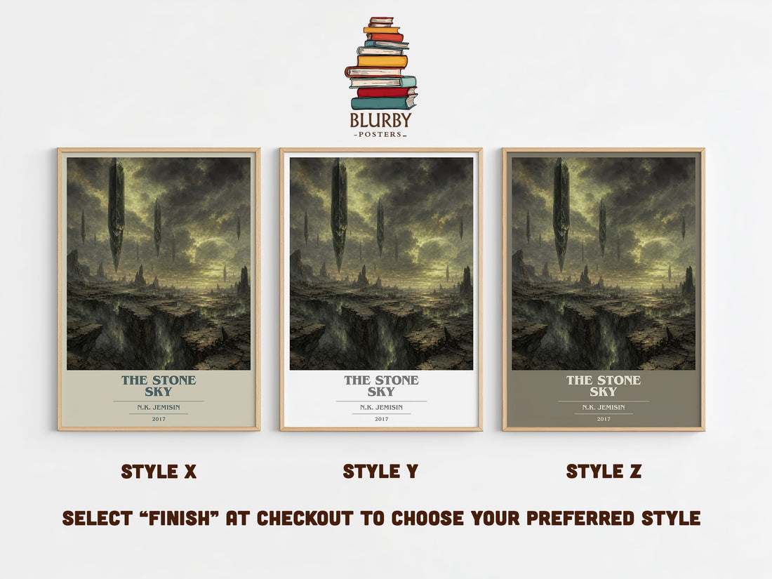 The Stone Sky book cover print in frame leaning in hallway – fantasy wall art (mockup)