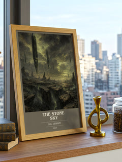 The Stone Sky book cover print framed by window – literary home decor