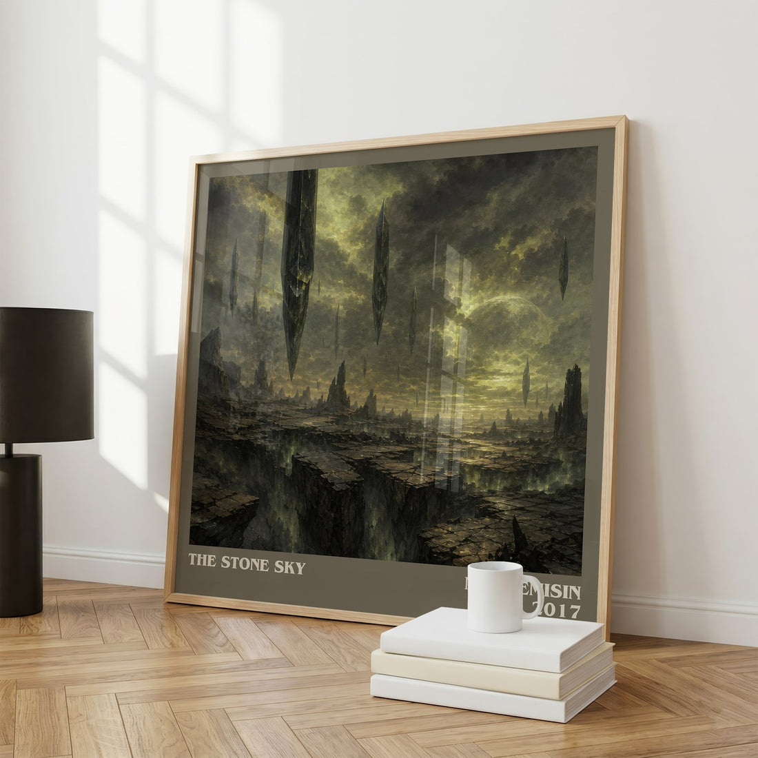 The Stone Sky literary print framed by window – literary home decor