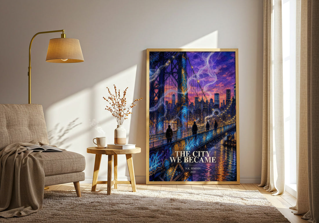 The City We Became watercolour print in frame leaning in hallway – fantasy wall art (mockup)