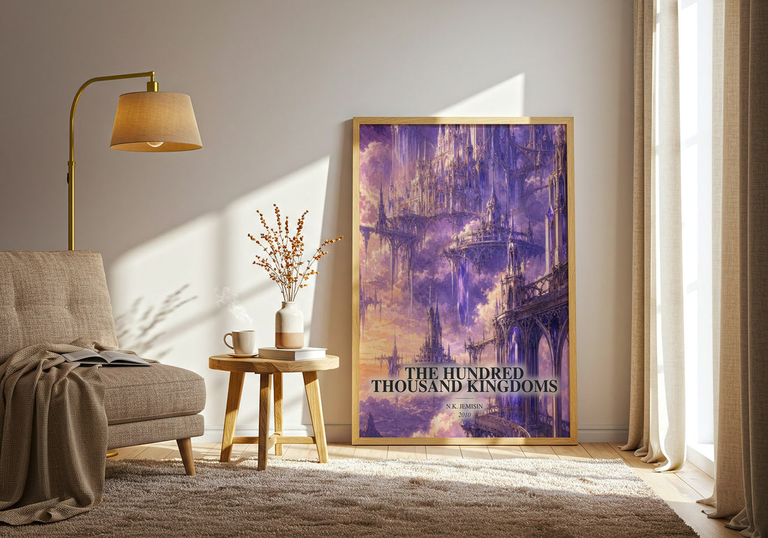 The Hundred Thousand Kingdoms watercolour print in frame leaning in hallway – fantasy wall art (mockup)