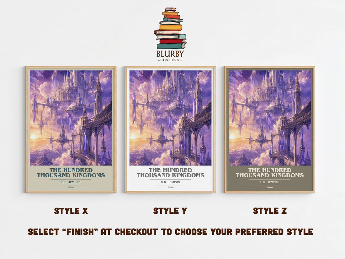 The Hundred Thousand Kingdoms book cover print in frame leaning in hallway – fantasy wall art (mockup)