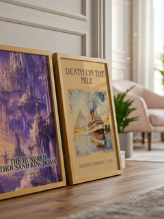 The Hundred Thousand Kingdoms watercolour print framed by window – literary home decor