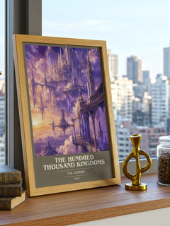 The Hundred Thousand Kingdoms book cover print framed by window – literary home decor
