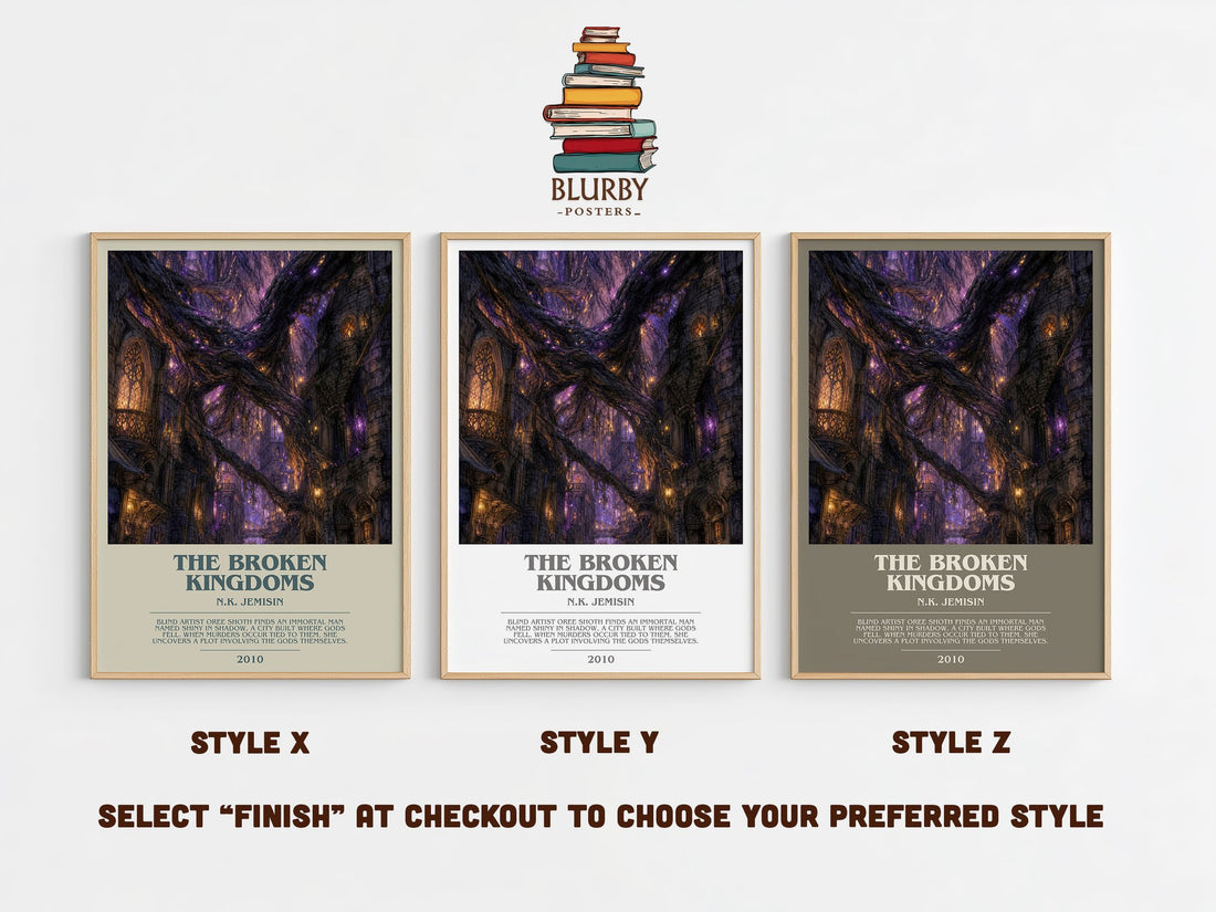 The Broken Kingdoms bookish print in frame leaning in hallway – fantasy wall art (mockup)