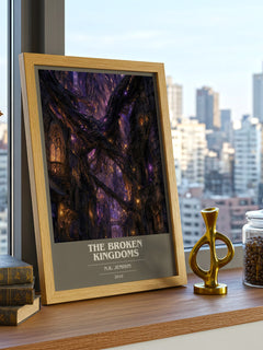 The Broken Kingdoms book cover print framed by window – literary home decor