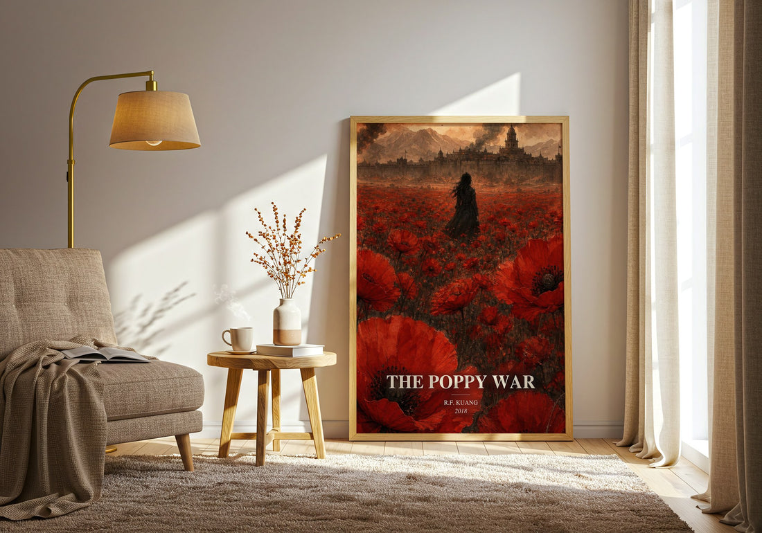 The Poppy War watercolour print in frame leaning in hallway – fantasy wall art (mockup)