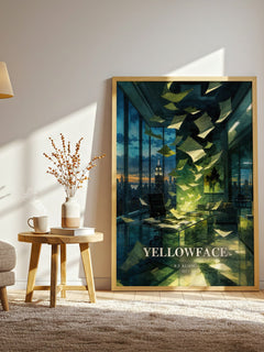 Yellowface watercolour print in frame leaning in hallway – contemporary fiction wall art