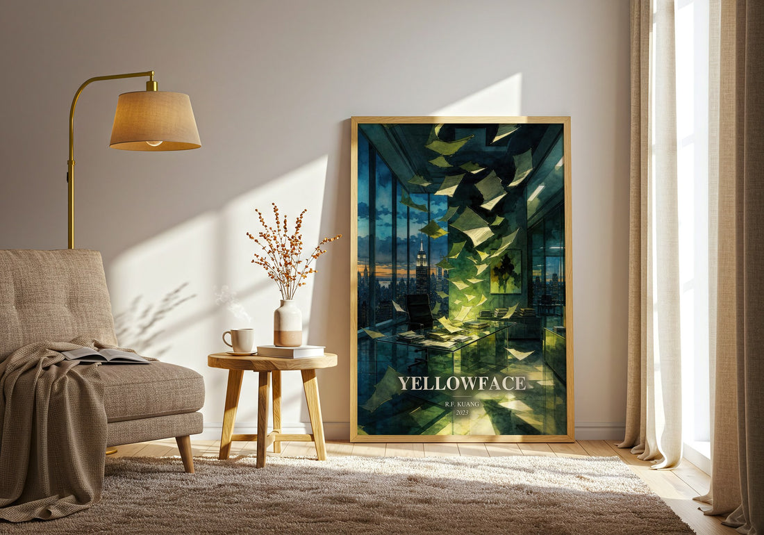 Yellowface watercolour print in frame leaning in hallway – contemporary fiction wall art (mockup)