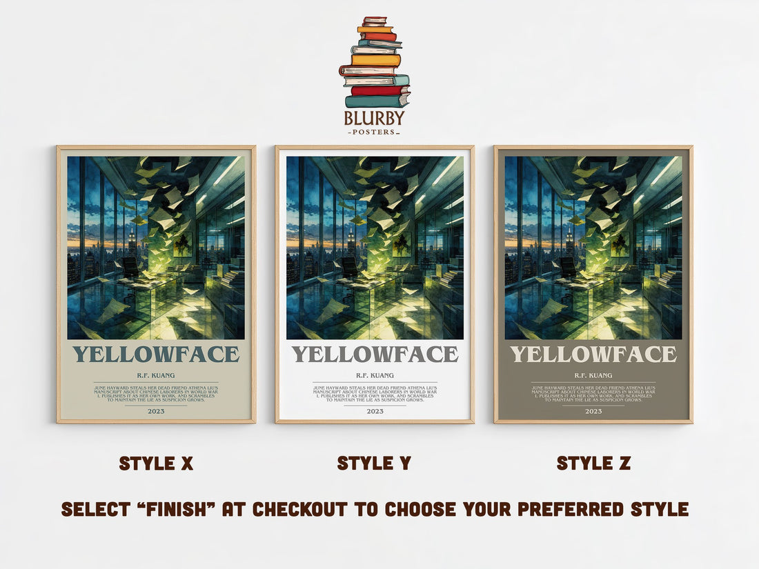 Yellowface bookish print in frame leaning in hallway – contemporary fiction wall art (mockup)