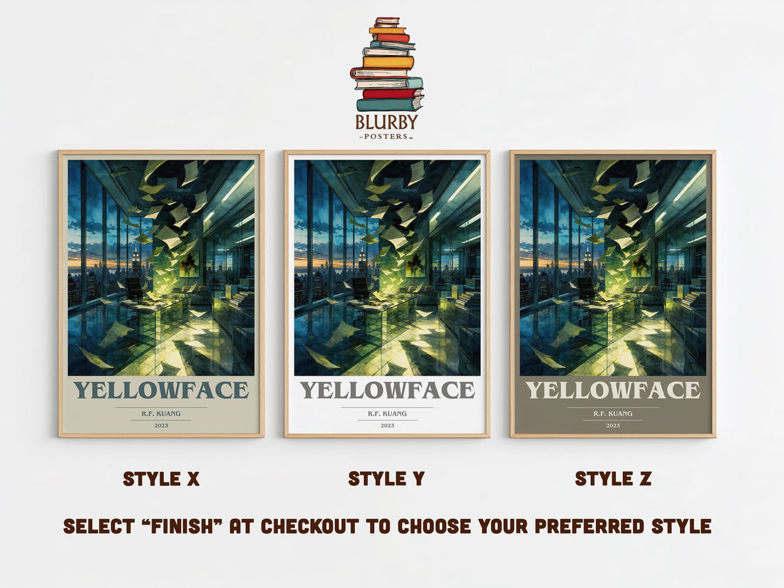 Yellowface book cover print in frame leaning in hallway – contemporary fiction wall art (mockup)