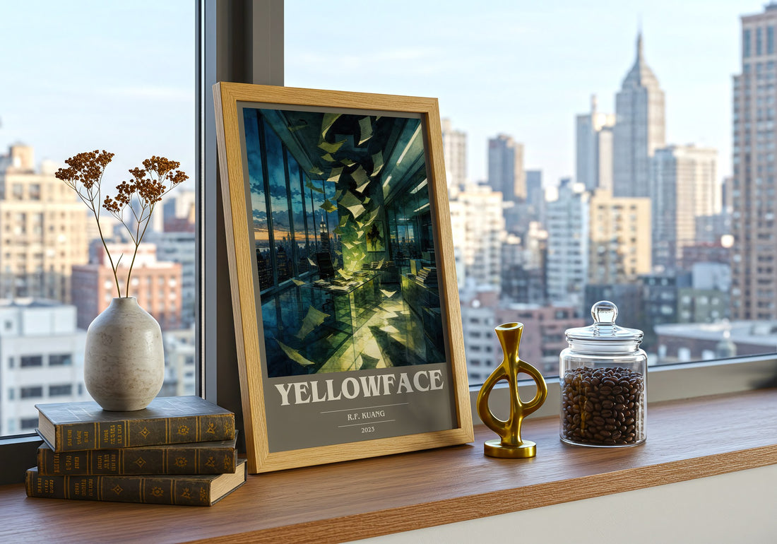 Yellowface book cover print framed by window – literary home decor