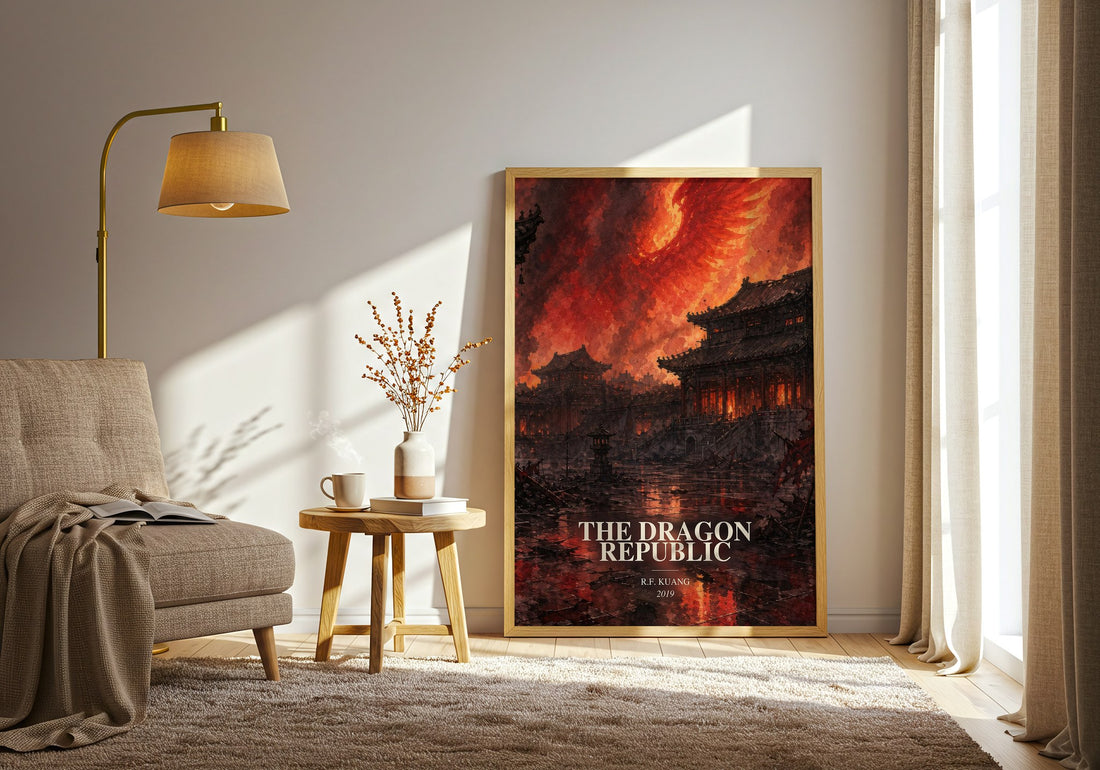 The Dragon Republic watercolour print in frame leaning in hallway – fantasy wall art (mockup)