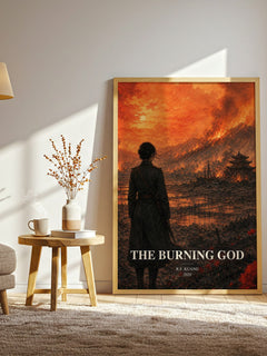The Burning God watercolour print in frame leaning in hallway – fantasy wall art