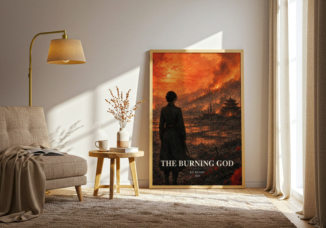 The Burning God watercolour print in frame leaning in hallway – fantasy wall art (mockup)