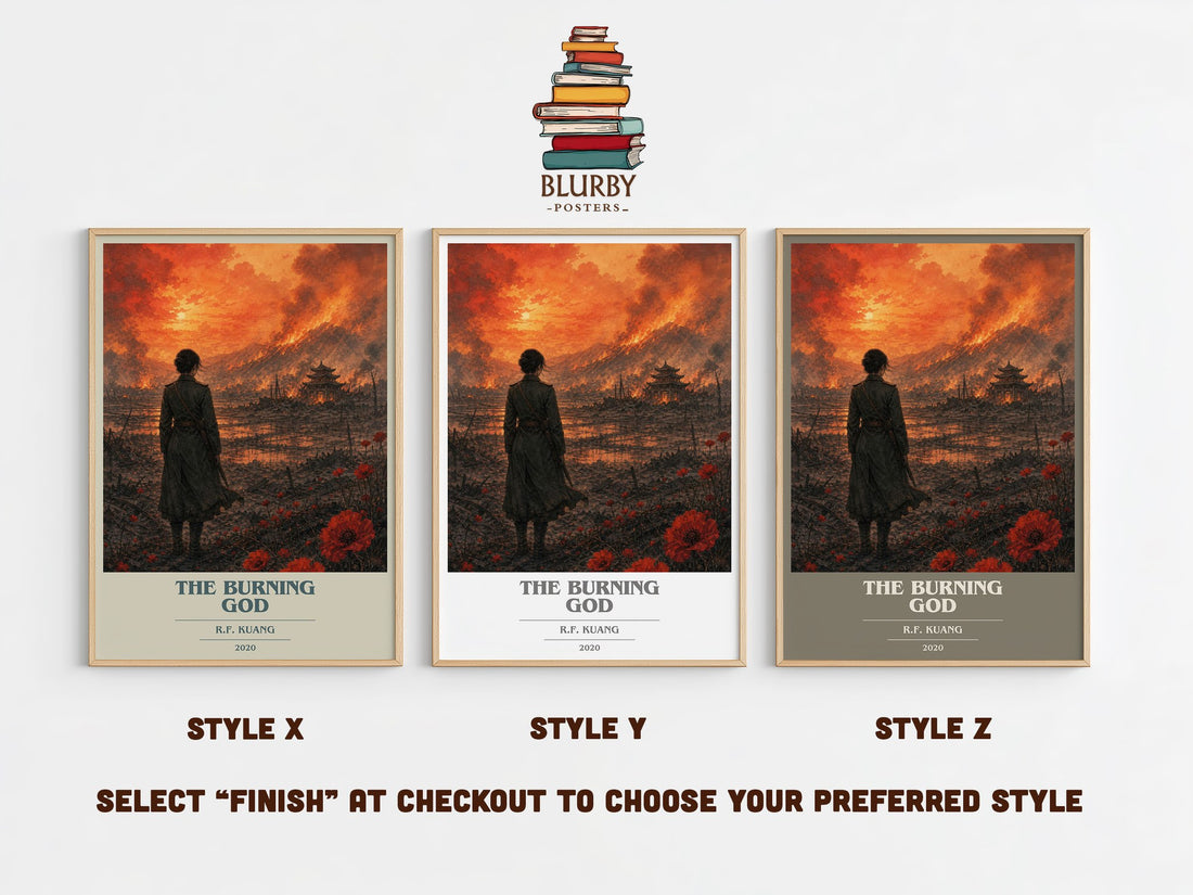 The Burning God book cover print in frame leaning in hallway – fantasy wall art (mockup)