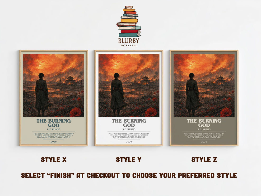 The Burning God bookish print in frame leaning in hallway – fantasy wall art (mockup)