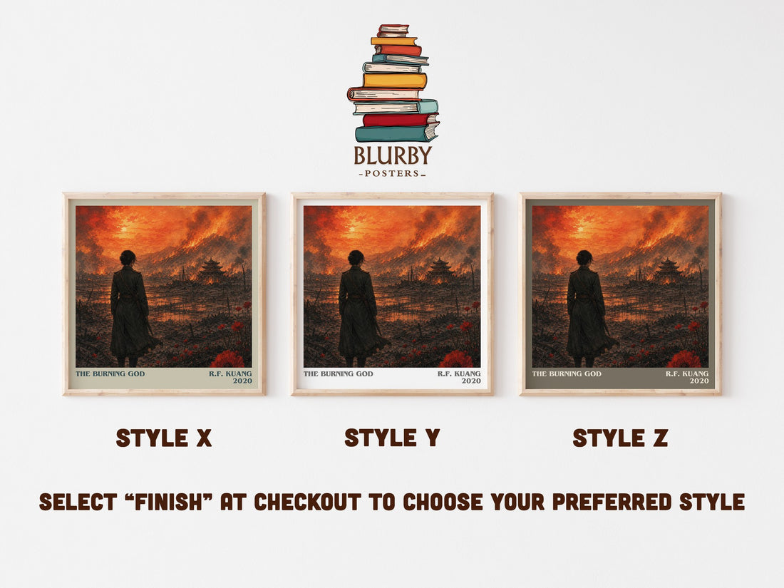 The Burning God literary print in frame leaning in hallway – fantasy wall art (mockup)