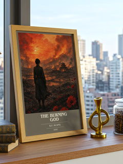 The Burning God book cover print framed by window – literary home decor