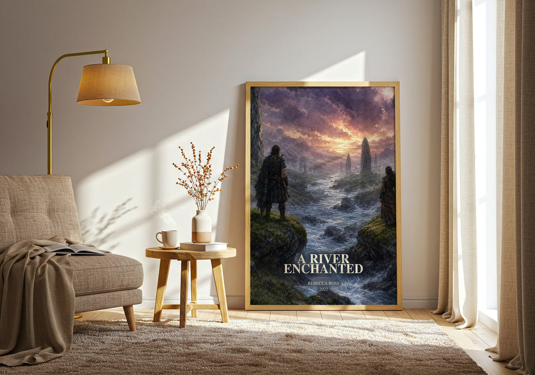 A River Enchanted watercolour print in frame leaning in hallway – fantasy wall art (mockup)