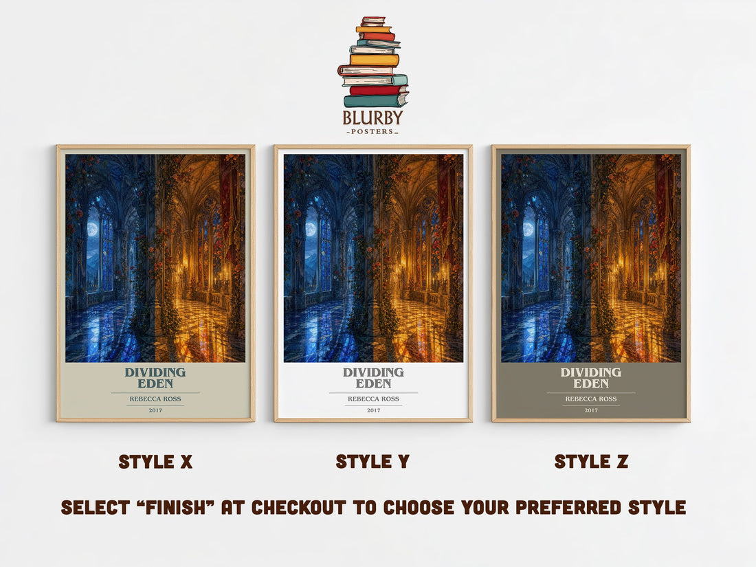 Dividing Eden book cover print in frame leaning in hallway – fantasy wall art (mockup)