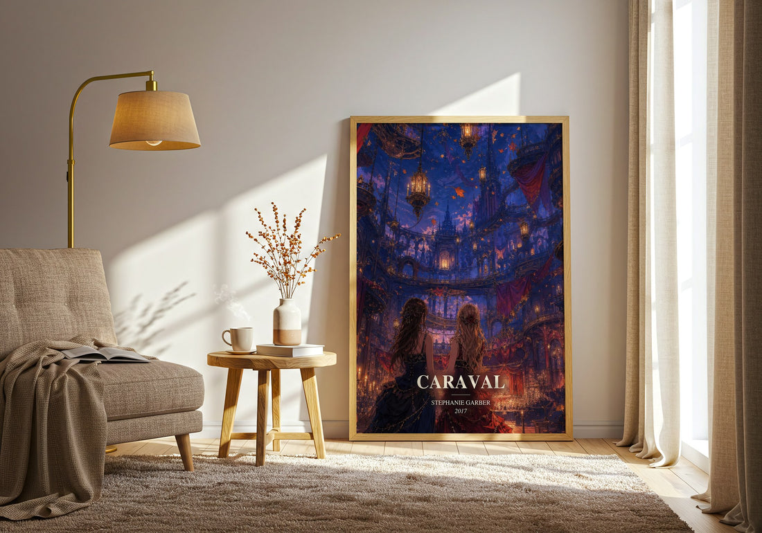 Caraval watercolour print in frame leaning in hallway – fantasy wall art (mockup)