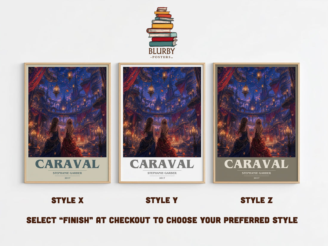 Caraval book cover print in frame leaning in hallway – fantasy wall art (mockup)