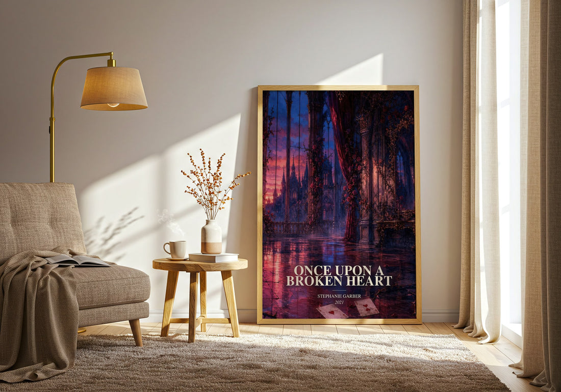 Once Upon a Broken Heart watercolour print in frame leaning in hallway – fantasy wall art (mockup)