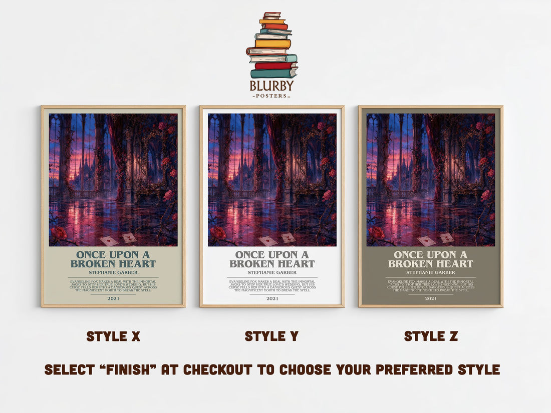 Once Upon a Broken Heart bookish print in frame leaning in hallway – fantasy wall art (mockup)